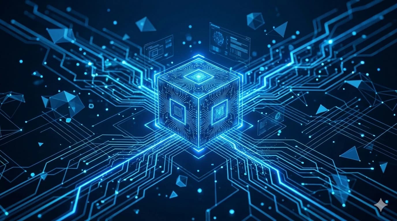 Ilustração 3D futurística de um núcleo de IA central com conexões neurais e fluxos de dados, representando uma arquitetura corporativa integrada AI-First.