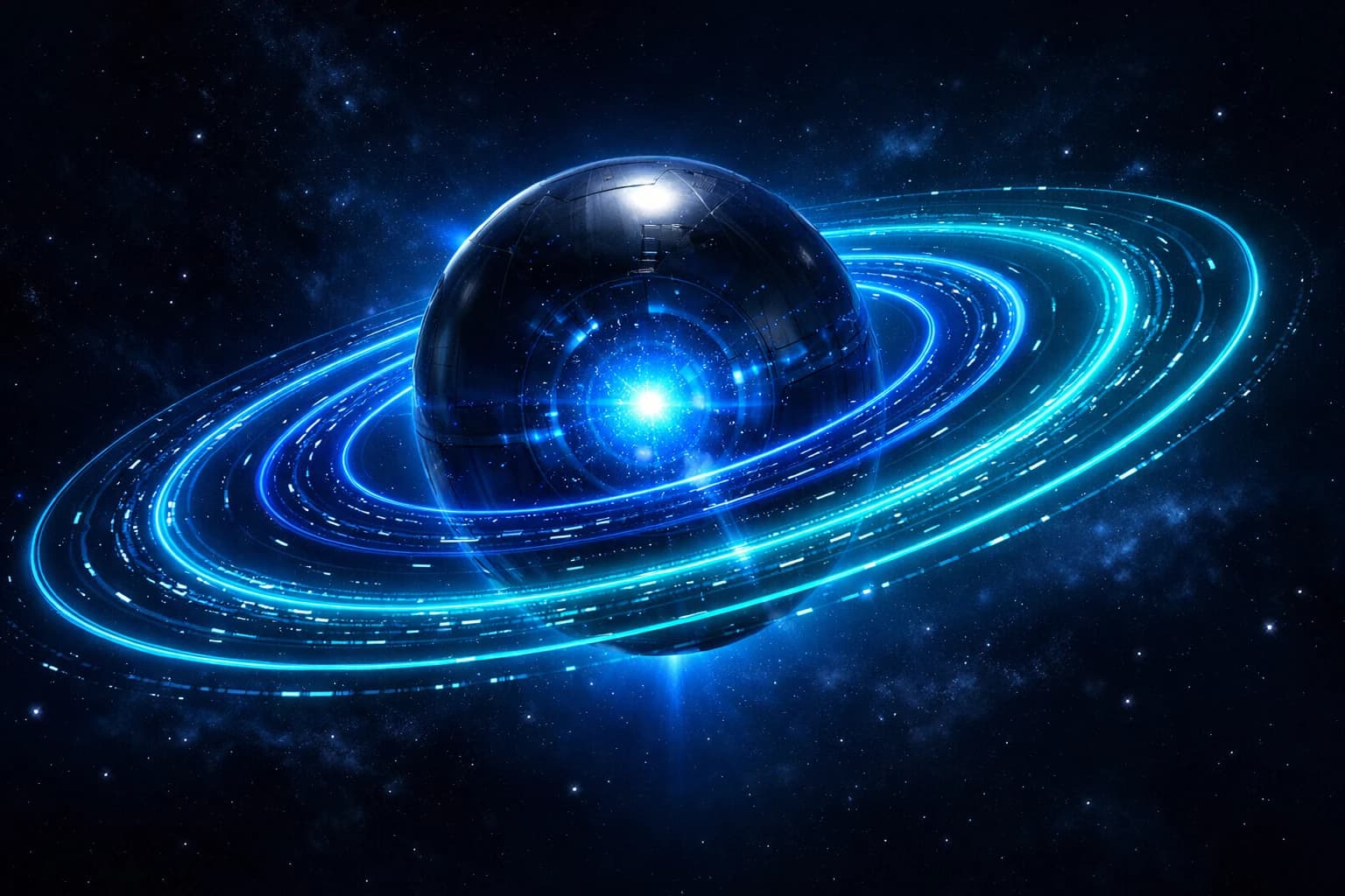Massive autonomous AI sphere floating in a deep navy cosmic void, with a bright electric-blue core at its center, surrounded by four concentric glowing orbital rings in gradients of cobalt, sky blue, cyan and teal, while thousands of micro data particles travel the rings, illuminated by a dramatic blue outline creating a futuristic deep-space atmosphere.