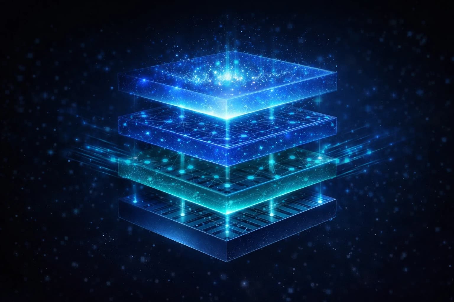 Ilustração 3D de uma arquitetura de memória em quatro camadas para sistemas multi-agentes — Redis, Vector Store, Neo4j e SQL — representadas como slabs luminosos em tons de azul elétrico e teal sobre fundo azul-marinho escuro, com fluxos de dados verticais entre as camadas.