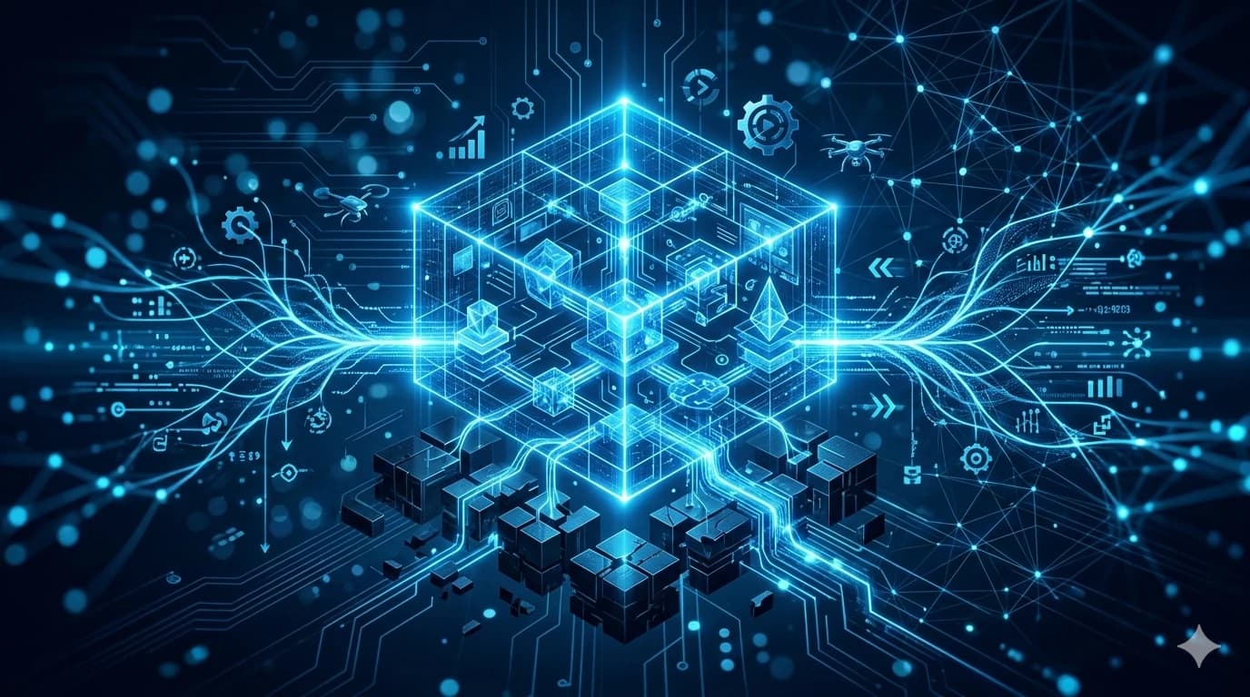 Ilustração 3D futurista de um núcleo de inteligência artificial representado por um cubo digital brilhante e conexões de redes neurais em tons de azul tecnológico, simbolizando uma arquitetura AI-First empresarial.