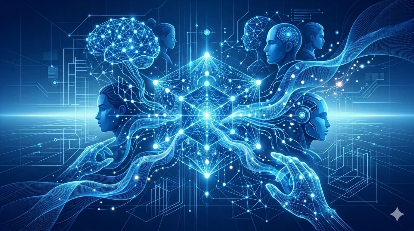 Ilustração digital em tons de azul neon representando o conceito de AI-First Engineering. Ao centro, um cubo geométrico luminoso atua como núcleo, conectando-se através de feixes de dados e circuitos a perfis humanos, um cérebro digital e uma face robótica. Mãos humanas e tecnológicas aparecem na base, simbolizando a colaboração entre a engenharia de dados e a evolução humana. O cenário evoca inovação, redes neurais e tecnologia de ponta.