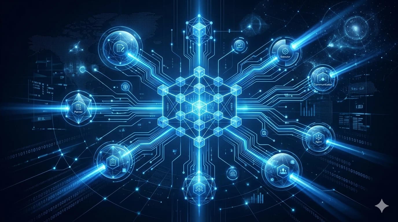 Diagrama de arquitetura de sistemas multi-agentes e banco de dados vetorial RAG em tons de azul tecnológico, representando a orquestração de processos autônomos e infraestrutura de IA-First.